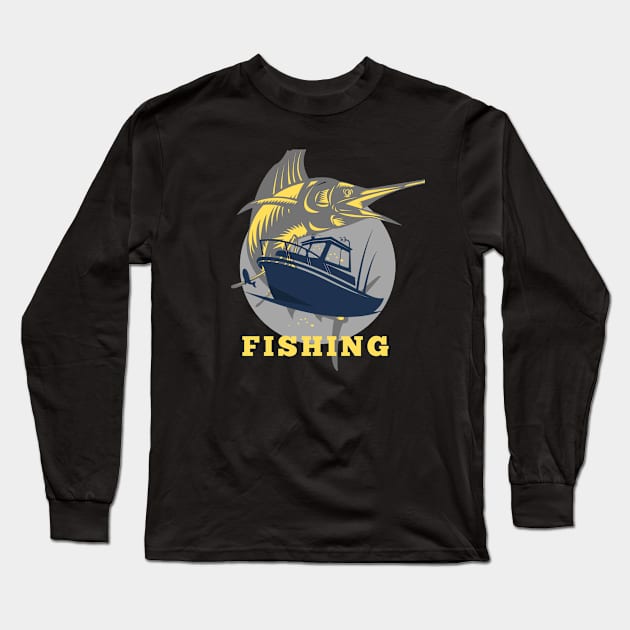 marlin fishing and boat yellow Long Sleeve T-Shirt by lmdesignco